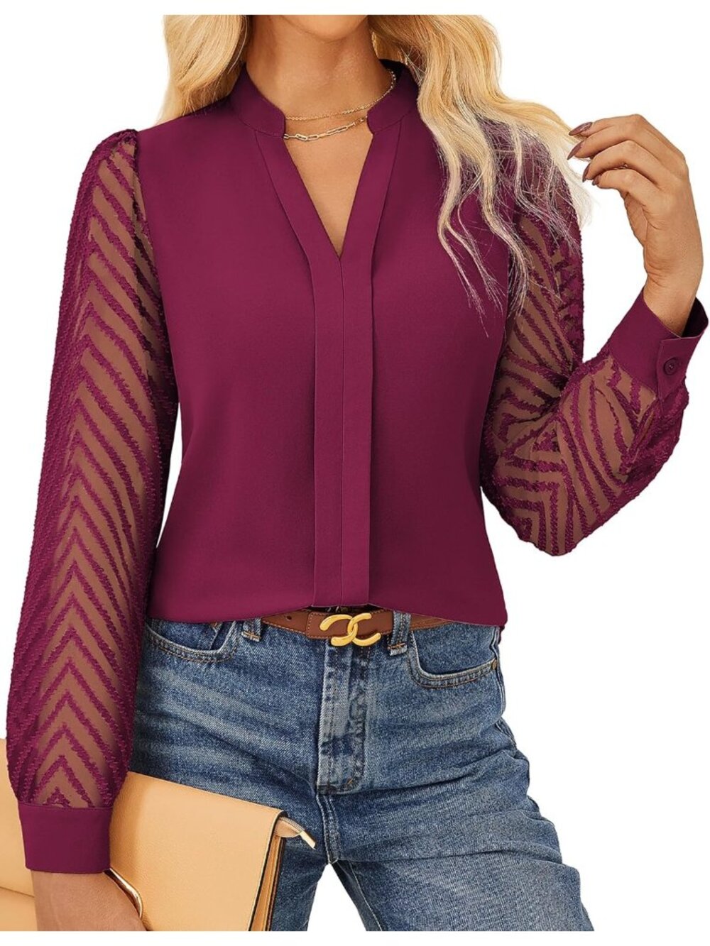 Women Fuchsia Long Sleeve V Neck Sheer Lace Outfits Imported Casual Top Blouses
